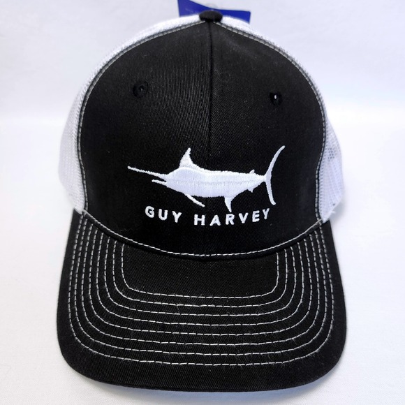 NEW GUY HARVEY MESH BALL‎ CAP ADJUSTABLE SNAPBACK TRUCKER HAT BLACK WHITE MARLIN - Picture 1 of 7